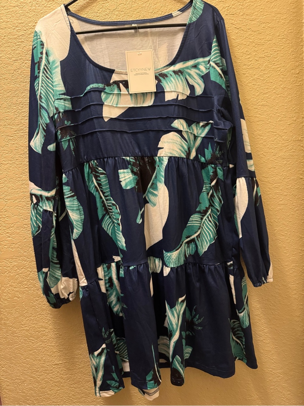 City New Navy Tropical Print Long Sleeve Dress